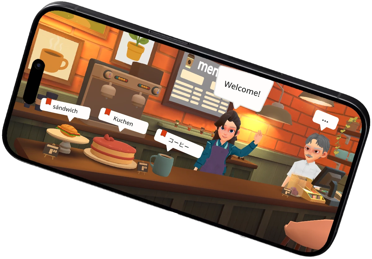 Pango Land's colorful café inside a landscape phone, with characters and vocabulary to discover