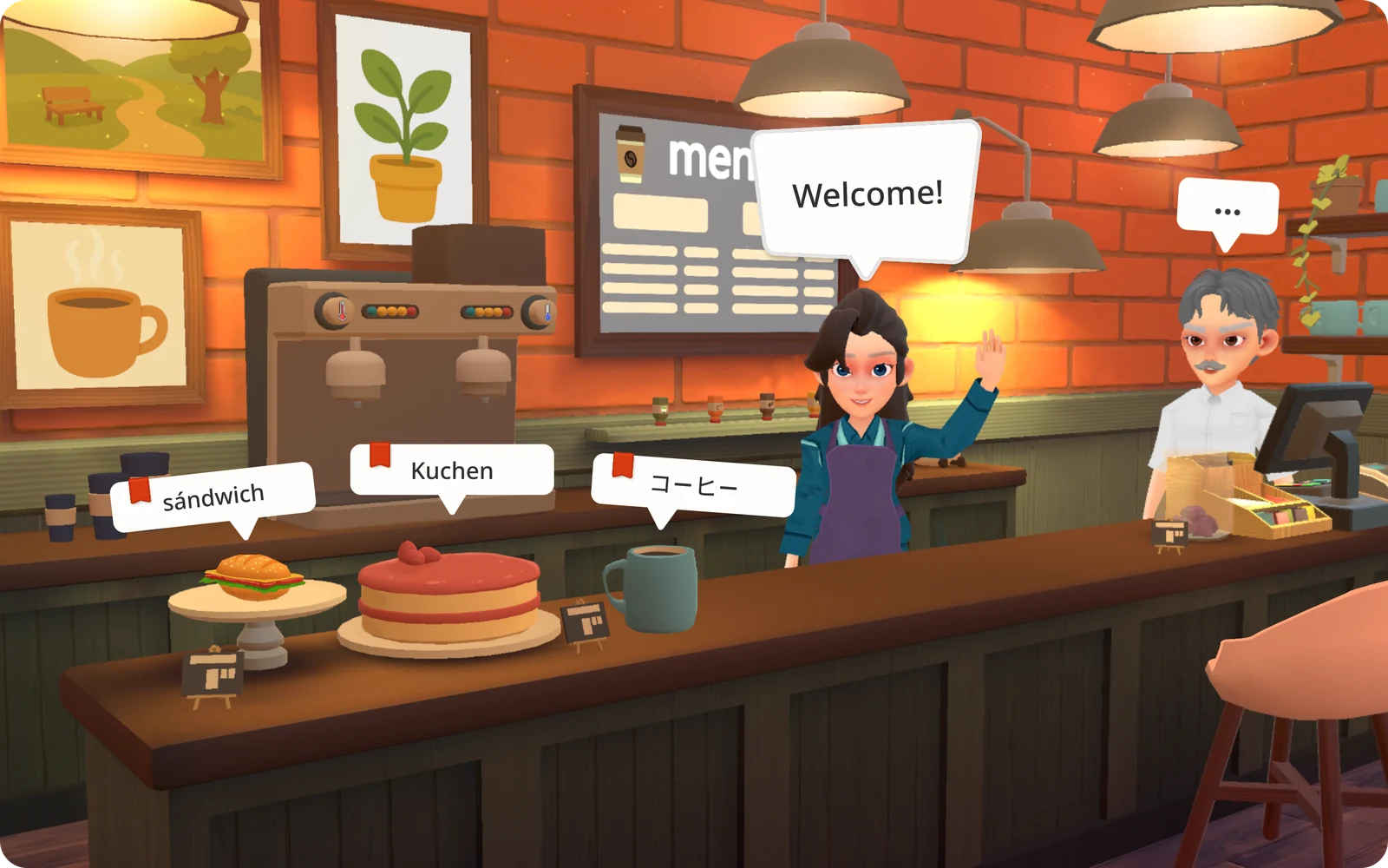 A welcoming café in Pango Land, with a barista waving and vocabulary labels for sandwich, cake, and coffee
